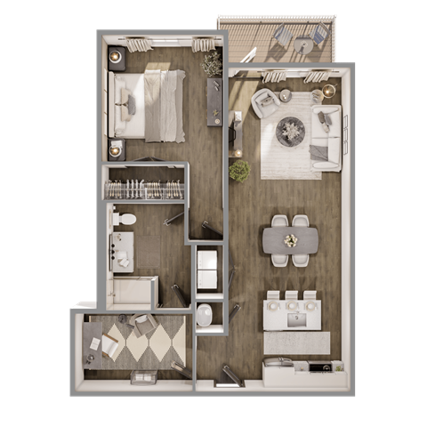 Floor plan for 1 bed, 1 bath, 917 sqft